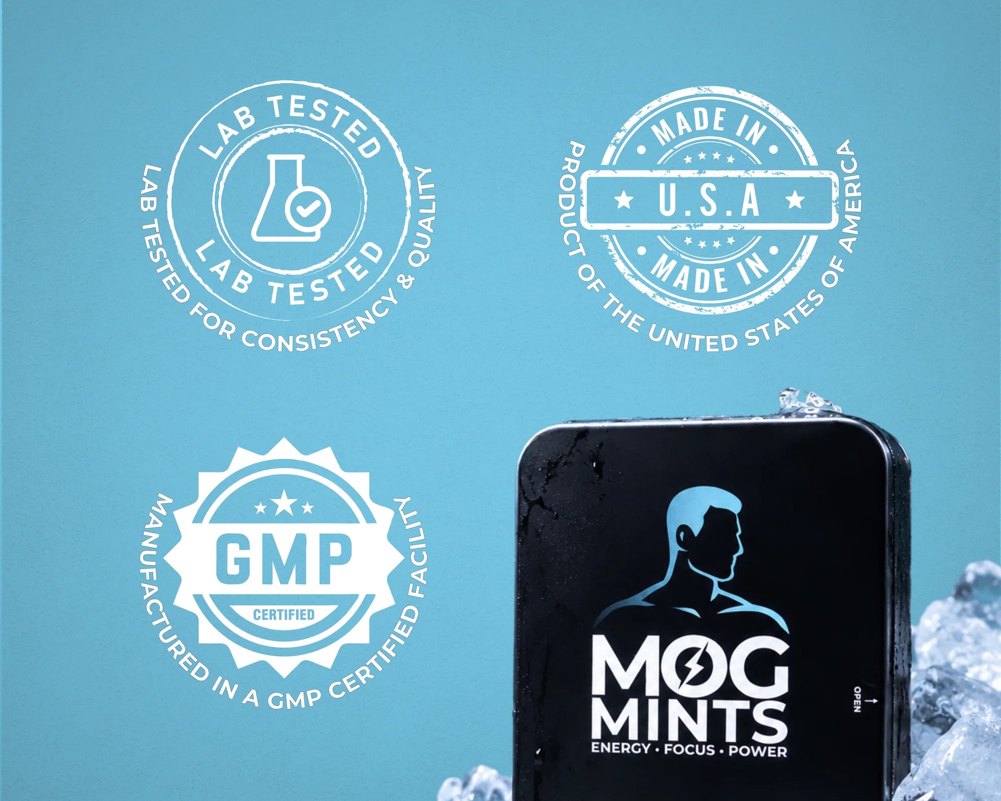 Three seals, lab tested for consistency and quality, made in the U.S.A., and manufactured in a GMP certified facility, beside the tin in ice.